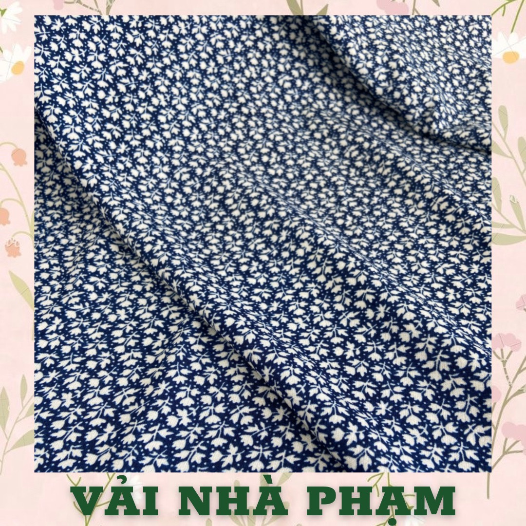 Cotton lụa họa tiết hoa nhí trắng nền xanh đen - khổ vải 1.5m-vải nhà phạm
