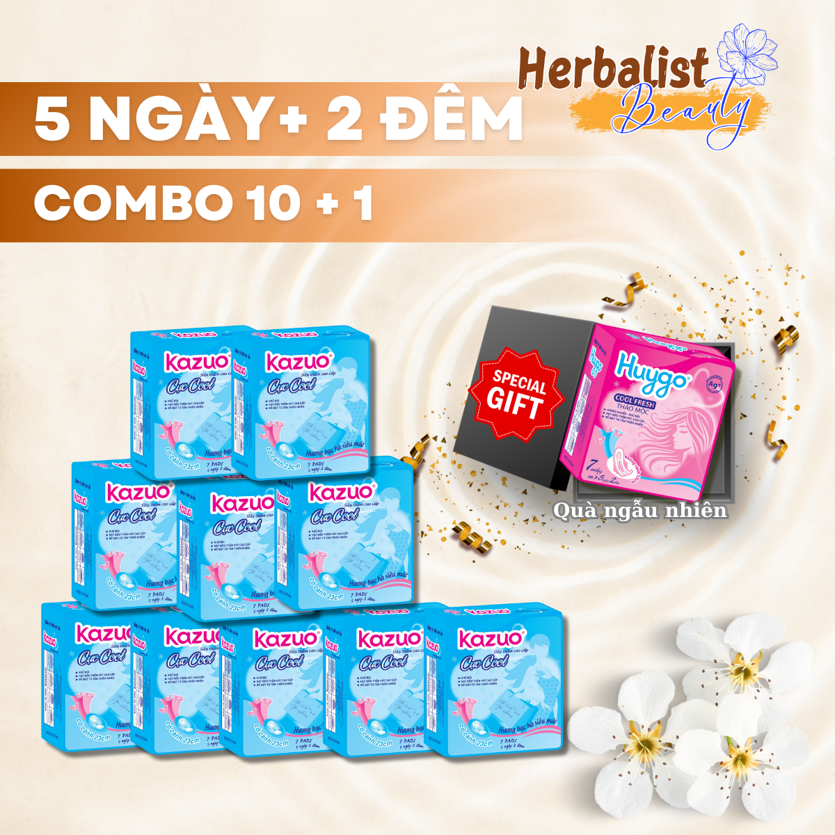 Combo 10 Gói - Băng Vệ Sinh Kazuo HuyGo Gói 7 Miếng (5 N + 2 Đ) Chống Tràn Hiệu Quả Cho Ngày Nhiều - 2 Lựa Chọn Có Cánh & Không Cánh