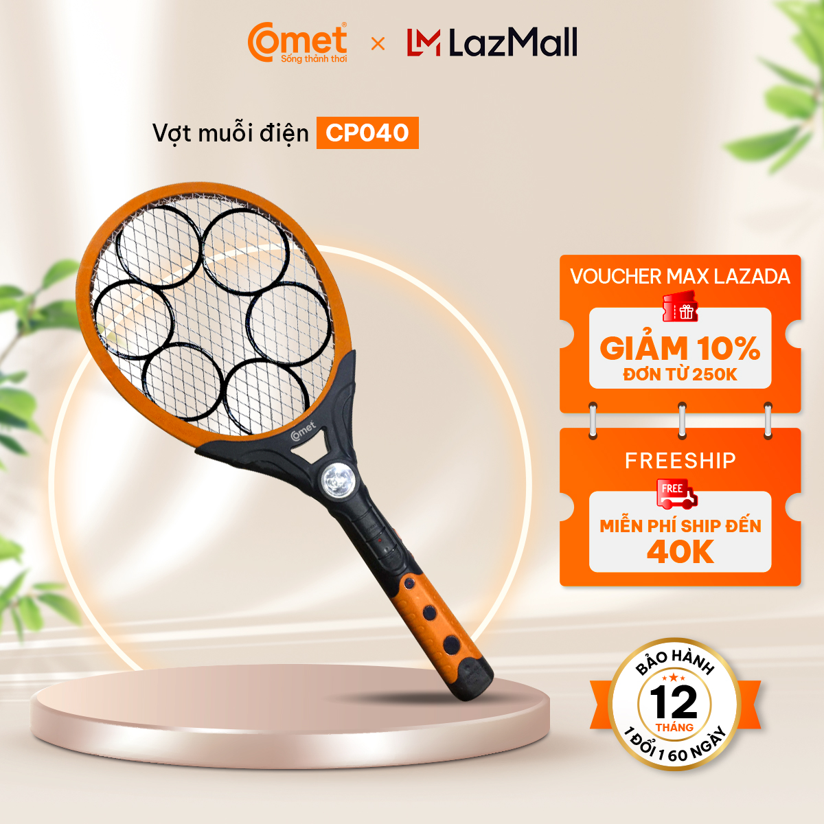 Vợt Muỗi Comet CP040 Chất liệu Nhựa ABS cao cấp Lưới vợt thiết kế 3 lớp an toàn bằng thép không gỉ Tích hợp đèn LED - Hàng Chính Hãng