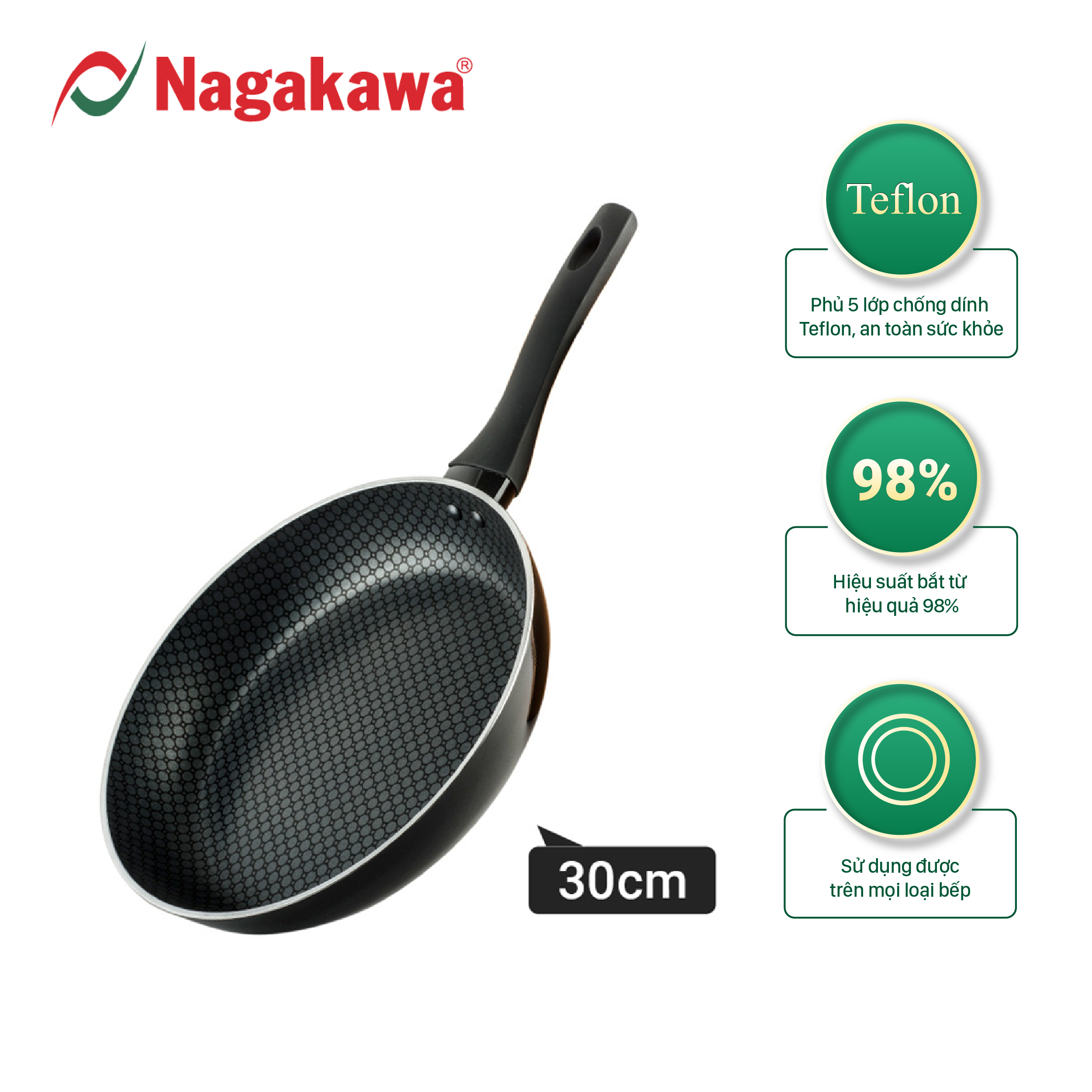 Chảo đáy từ Nagakawa 30cm phủ 5 lớp chống dính Teflon, tay cầm bằng nhựa Bakelite siêu bền, dùng cho mọi loại bếp