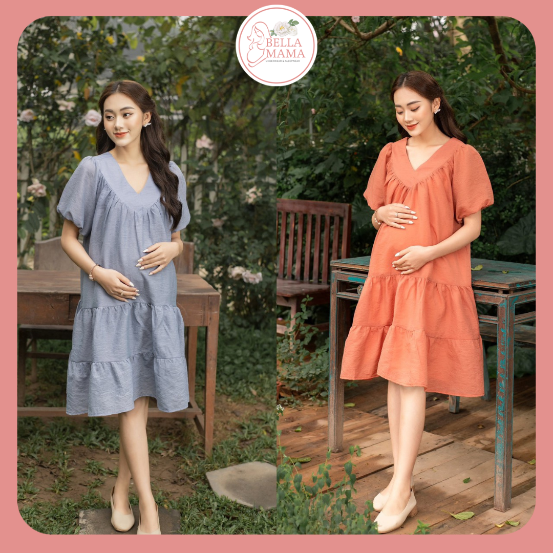 Váy Bầu Mùa Hè Cổ V Chất Tơ Hàn Quốc Mềm Mịn Đủ Size Cho Mẹ Bầu Và Sau Sinh Từ 47-83 kg BELLA MAMA