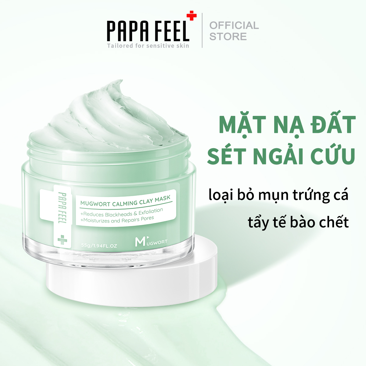 PAPA FEEL Mặt nạ đất sét chiết xuất ngải cứu cải thiện tình trạng mụn kiềm dầu dưỡng ẩm chuyên dụng 55g