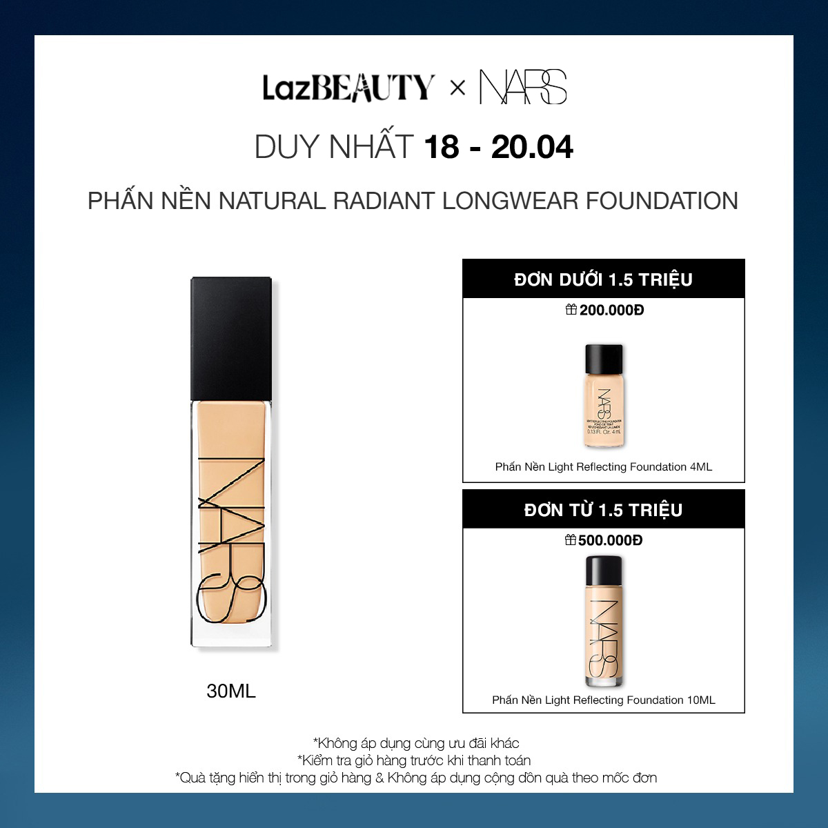[18-20.04 | QUÀ TẶNG ĐẾN 500K] Phấn nền dạng kem NARS Natural Radiant Longwear Foundation 30ml