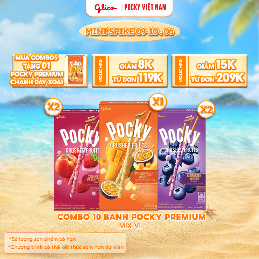 Combo 5 Hộp Bánh Que Pocky Premium Trái Cây Nghiền Sữa Chua Mix Vị (2 Việt Quất - 2 Dâu Đào - 1 Chanh Dây Xoài) 38g/Hộp