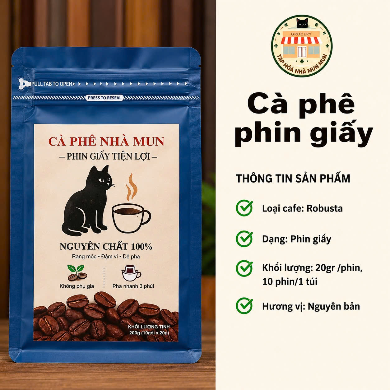 Cà phê phin giấy - Phin giấy tiên lợi - Nguyên chất 100% - 20g x 10 phin/túi - Hương vị: Nguyên bản | MM02
