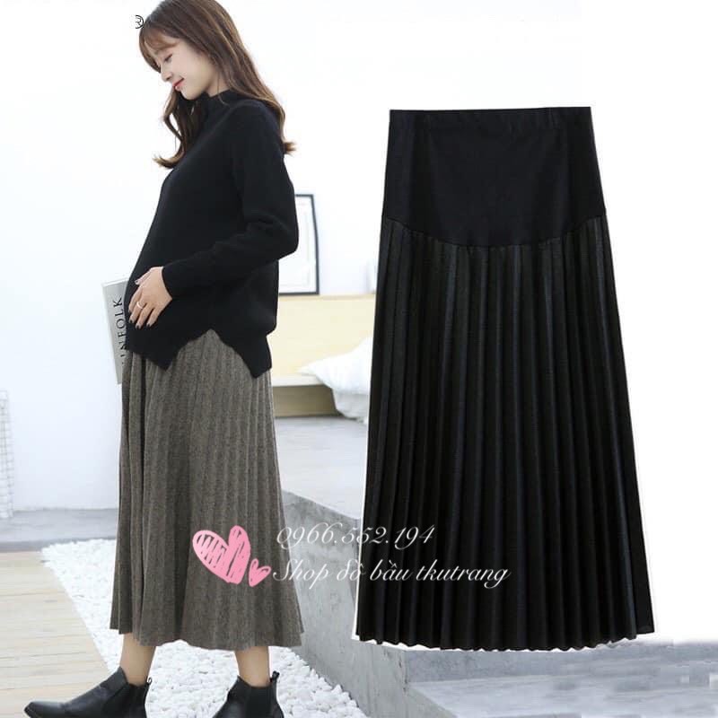 Chân váy bầu midi xếp ly lụa gân