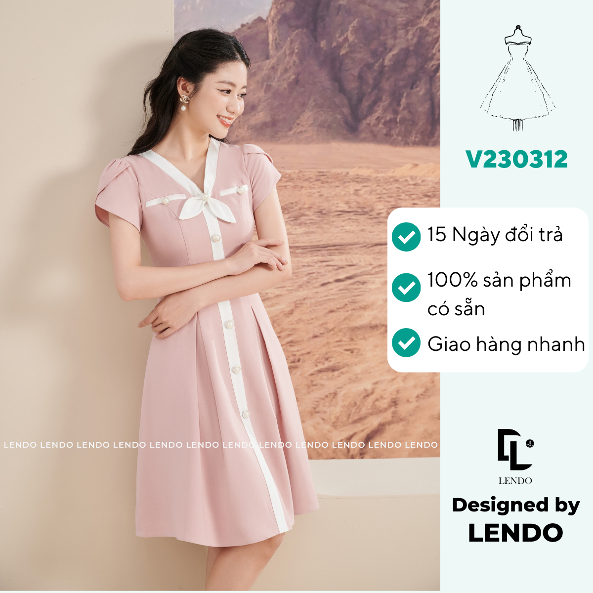 Váy dáng xòe phối nẹp cổ nơ lendo v230312