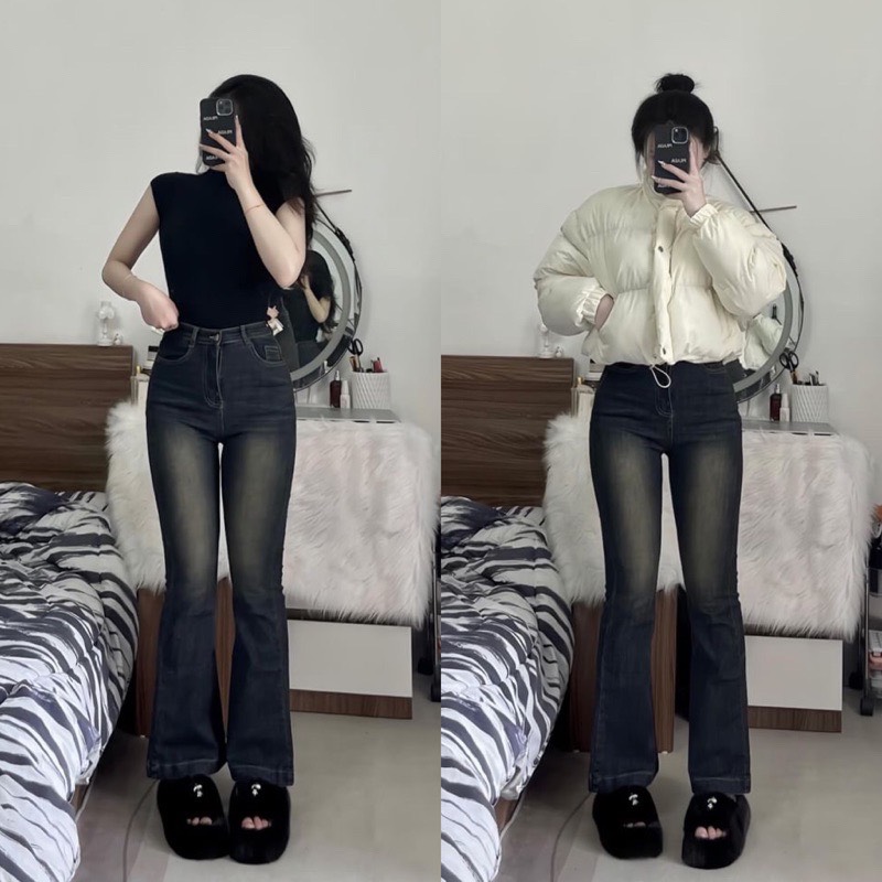 Quần jean ống loe xẻ gấu full cạp cao hách dáng , quần bò loe dài chất jean dày dặn co giãn tốt-Minxy shop