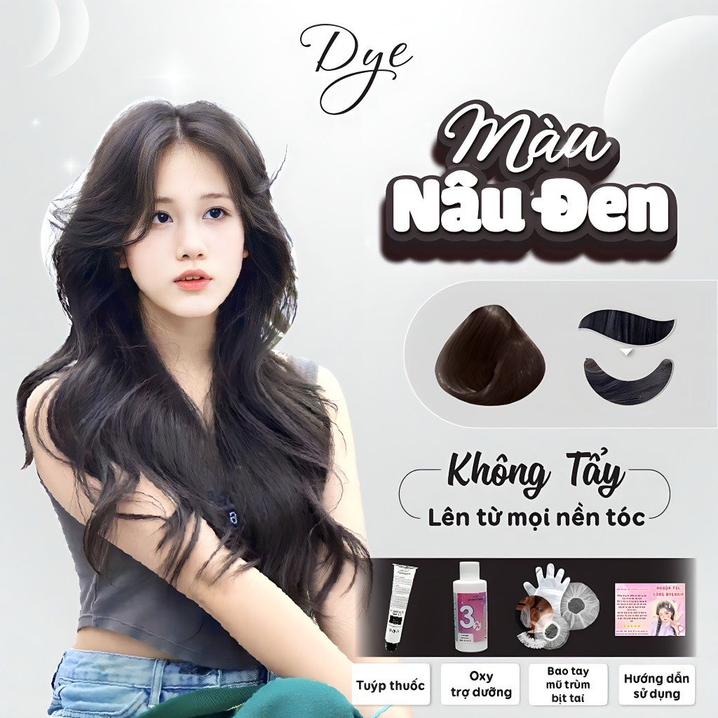 Thuốc nhuộm tóc, thuốc nhuộm tóc Nâu Đen, DYE.HAIR, tặng kèm oxy trợ dưỡng và bao tay