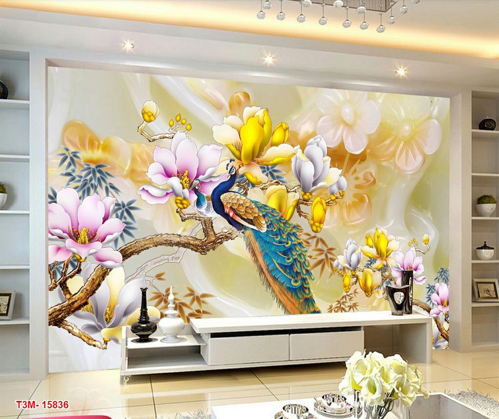 Tranh dán tường chim công 3D, tranh con đường, tranh con hổ, tranh Vạn Lý Trường Thành