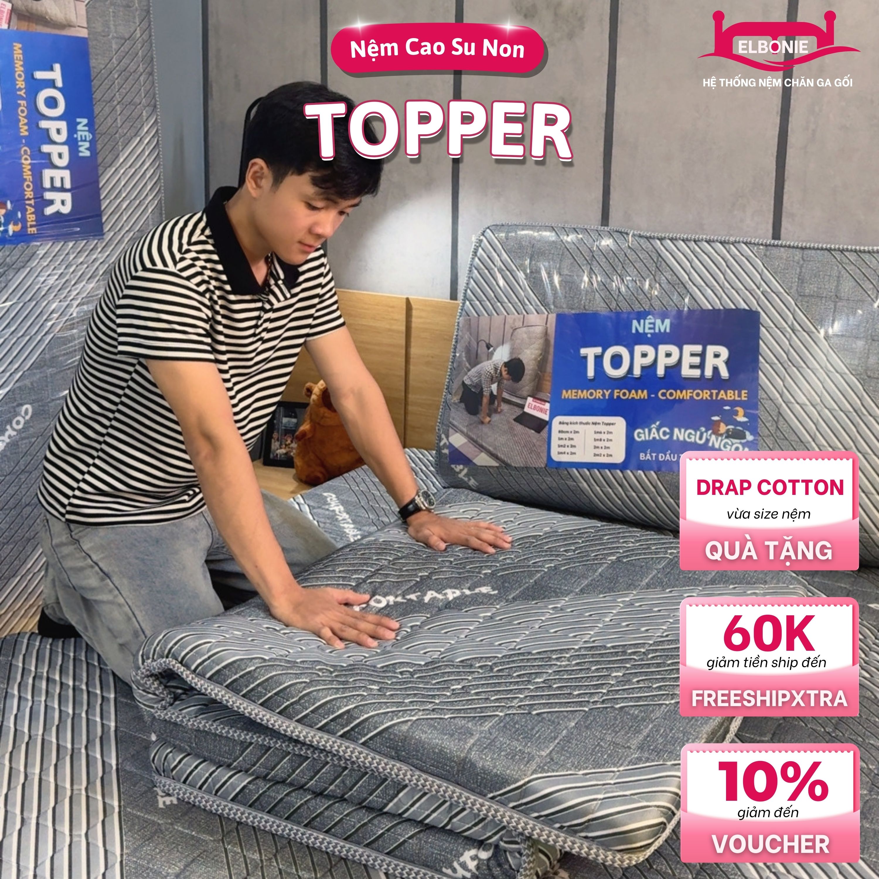  Nệm TOPPER Cao Su Non Gấp Gọn 6cm Êm Ái Nâng Đỡ Cơ Thể Không Xẹp Lún nệm văn phòng nệm ký túc xá màu sắc sang trọng sạch sẽ cao su nhân tạo mua 1 nệm tặng 1 ga cotton 