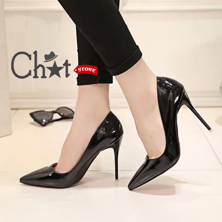 [HCM]Giày Cao Gót 9p Gót Nhọn Da Simili Bóng Chống Thấm Nước Bít Mũi Kiểu Xỏ Tiện Lợi