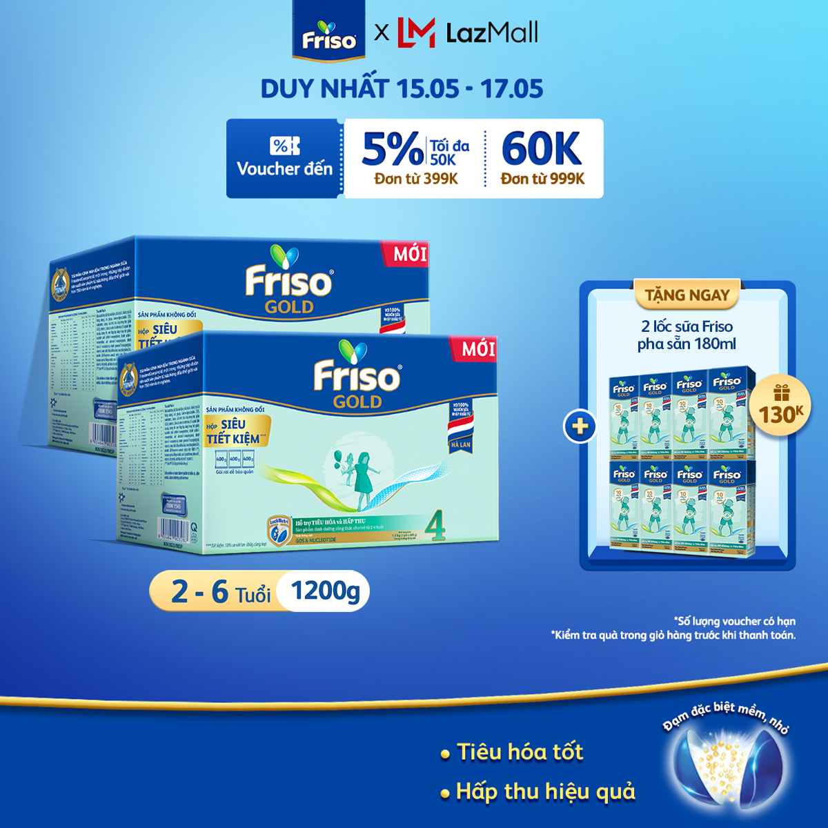 [20h 2 - 5/3 VOUCHER ĐẾN 1 TRIỆU] [Tặng 2 lốc RTD 180ml] Combo 2 Hộp Sữa Bột Friso Gold 4 Hộp Giấy 1200g/hộp