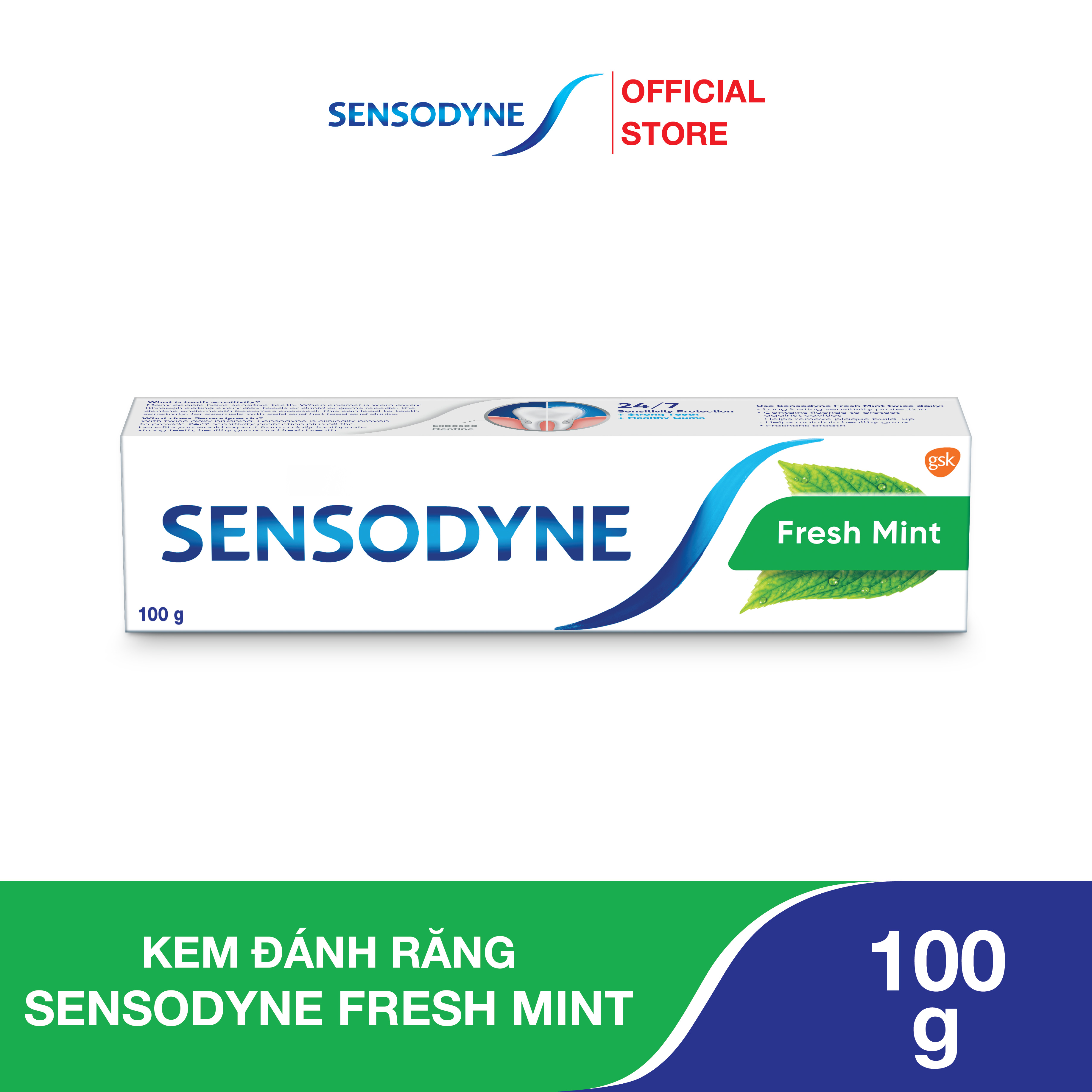 Kem đánh răng SENSODYNE Fresh Mint 100g giúp giảm ê buốt hiệu quả với hương bạc hà thơm mát
