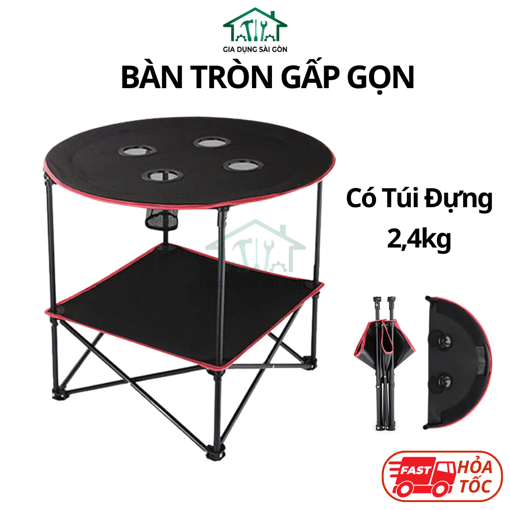 Bàn camping hình tròn 2 tầng gấp gọn có túi xách đường kính lớn - SGTOOLS