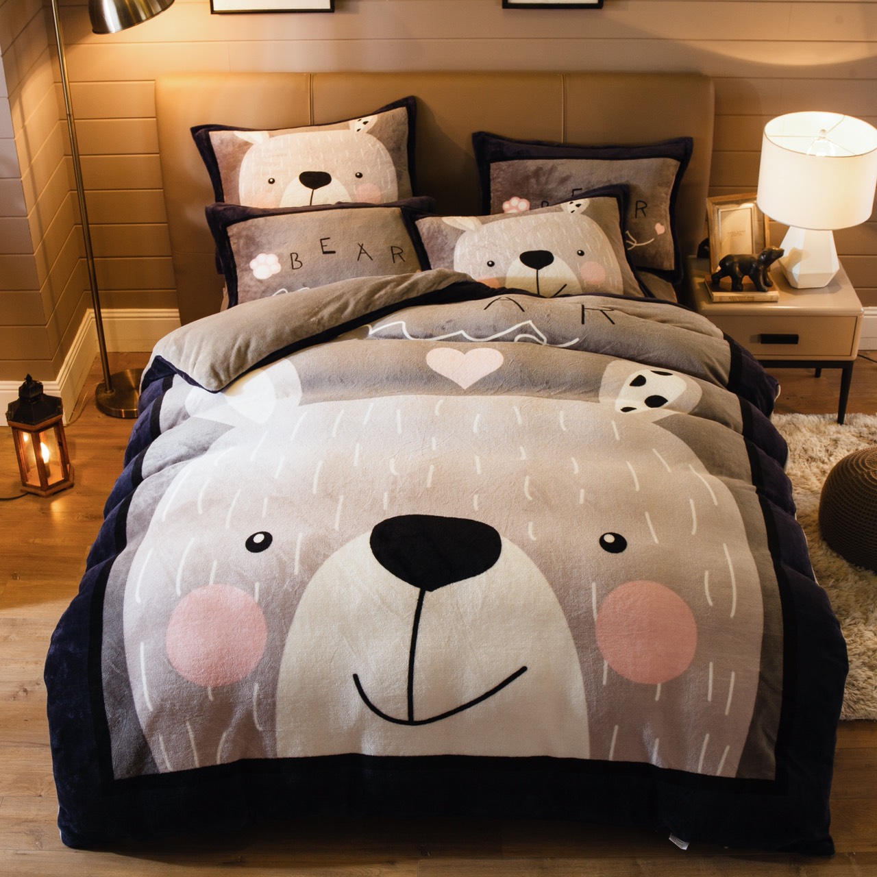 BỘ CHĂN GA GỐI COTTON NỈ NHUNG  MỊN CAO CẤP 5D HÌNH GẤU MẬP