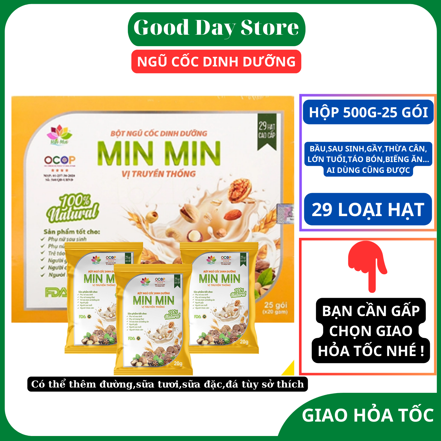 Ngũ Cốc Min Min 29 Loại Hạt, Ngũ Cốc Lợi Sữa Cho Bà Bầu, Ngũ Cốc Giảm Cân, Tăng Cân,1 hộp 25 gói mỗi gói 20gram