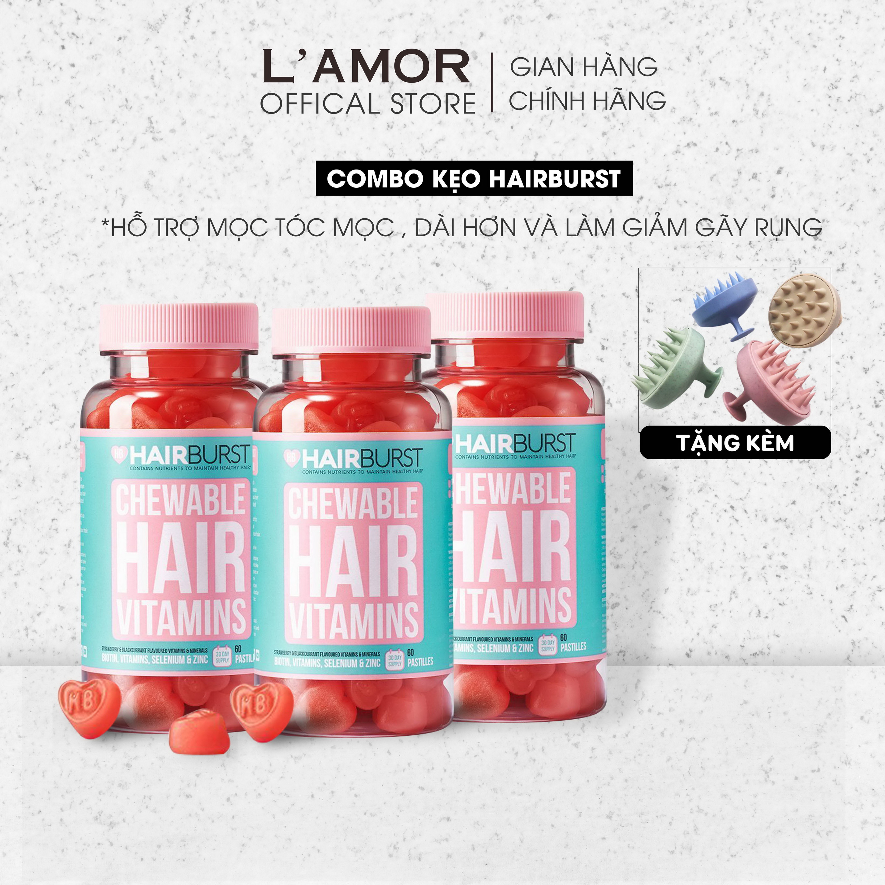 Combo 3 Lọ Kẹo Dẻo Hairburst Chewable Hair 60 Viên Làm Phồng, Mọc Tóc, Làm Dày Và Dài Tóc