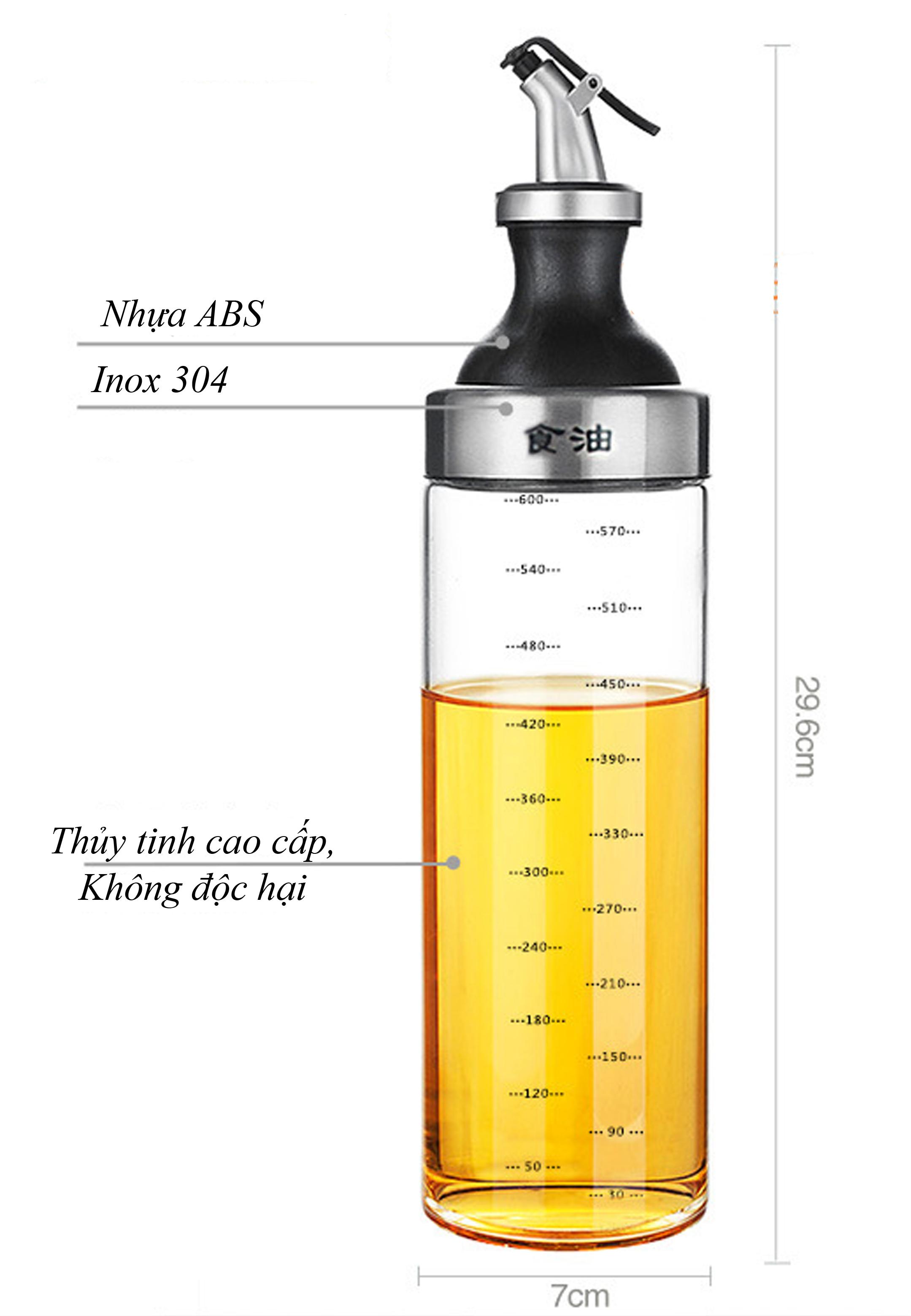 01 Chai dầu, Lọ, Bình đựng dầu ăn thủy tinh 600ml hình Bình Sữa Oil Can đựng dầu ăn, giấm, nước tương, nước mắm, gia vị, miệng vòi nhỏ giọt