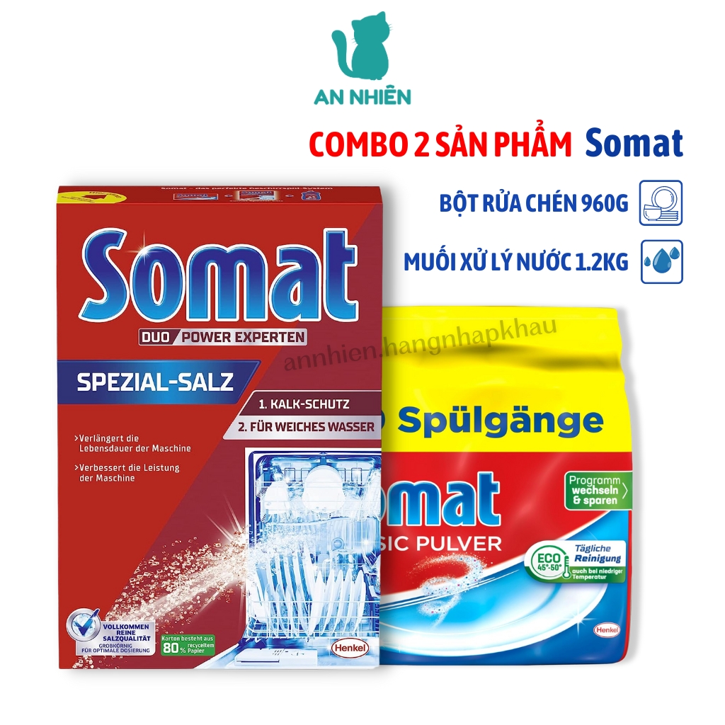 Combo bột rửa chén Somat 960g và muối xử lý nước Somat 1.2kg của Đức dùng cho máy rửa chén bát