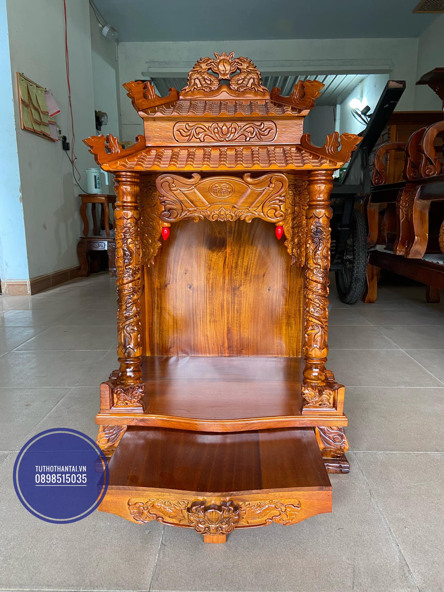 Altar to the God of Wealth and Earth with Tile Roof Dinh Truc 60 X 98cm