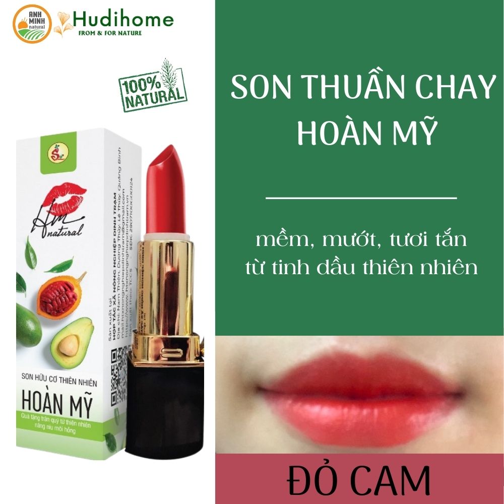 Son hữu cơ thiên nhiên Hoàn Mỹ, son dưỡng ẩm, chống khô nẻ, làm hồng môi, màu đỏ cam - Hudihome