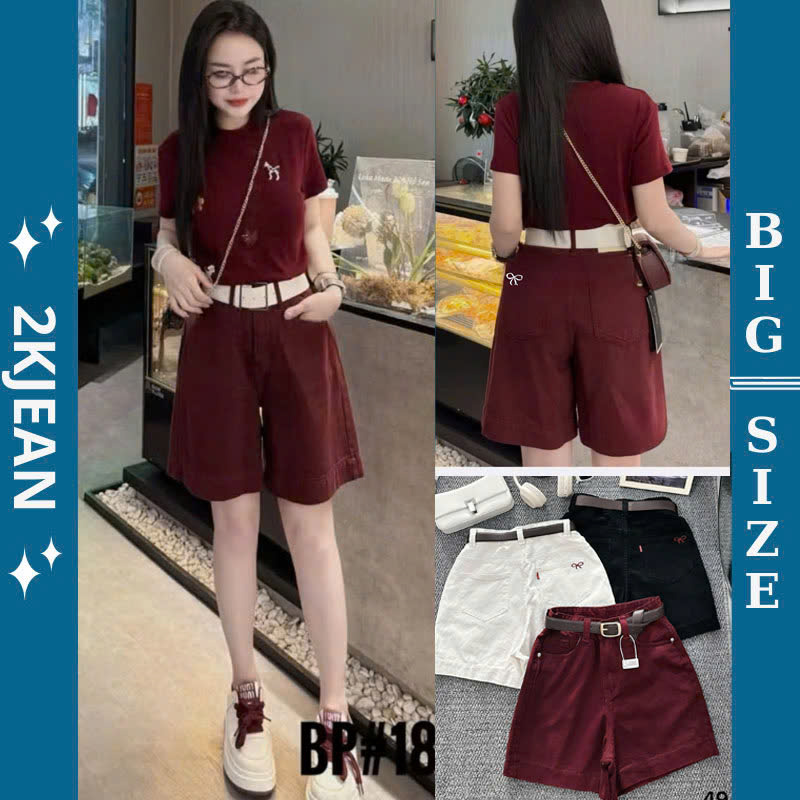 Quần short ngố jean cho nữ bigsize từ 55-85kg, quần lửng trơn lưng cao thêu nơ đi biển, đi chơi MS49 2KJean