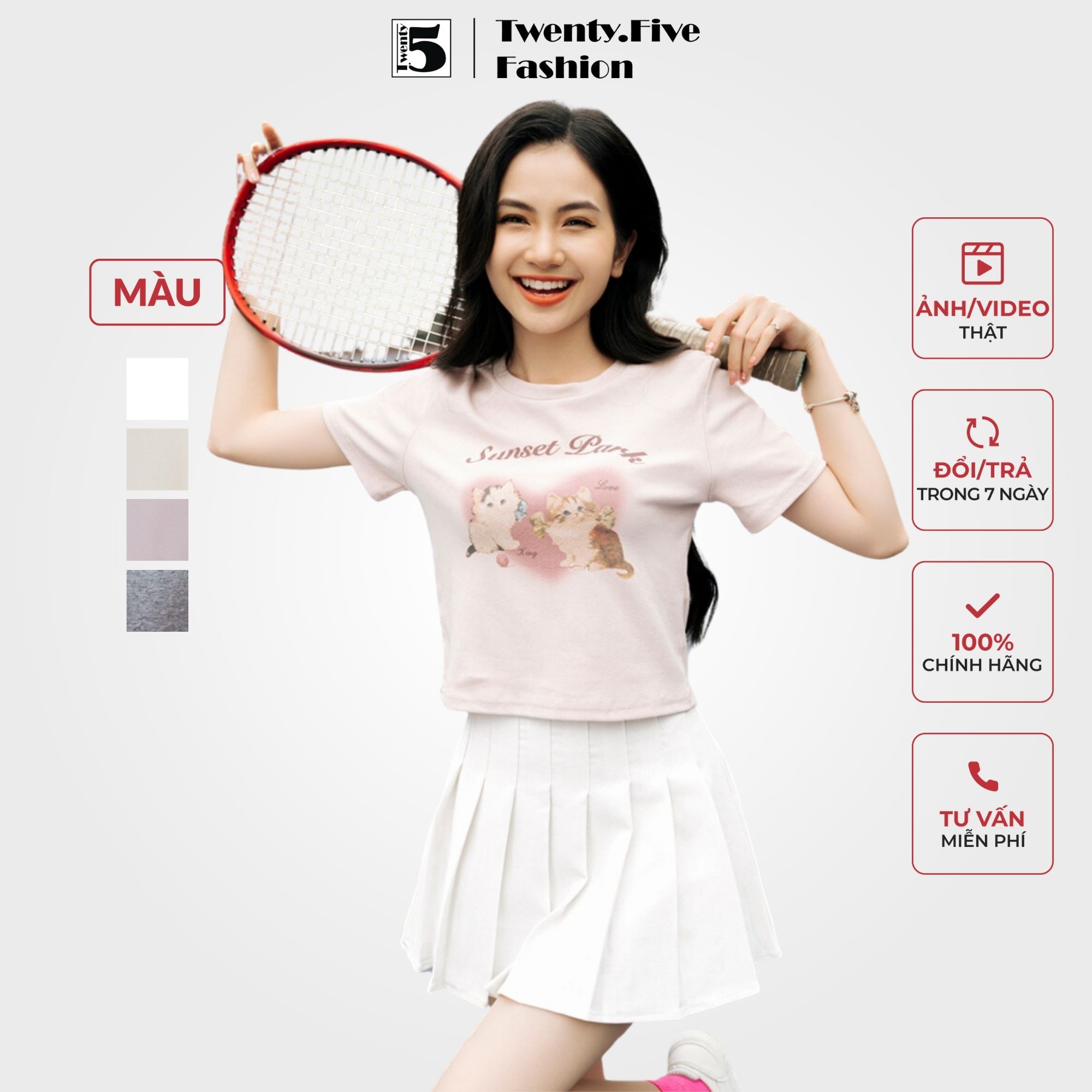 Áo phông nữ dáng ôm croptop hình mèo nhỏ twentyfive 4676 - áo thun dáng ngắn có co dãn in hình