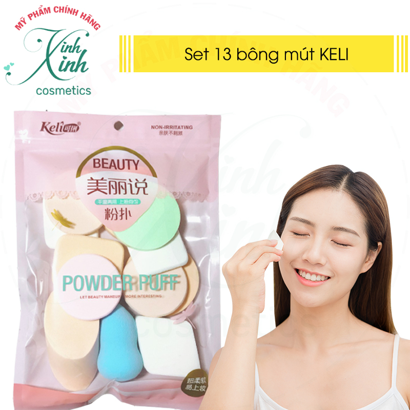 Set 13 bông mút trang điểm KELI, bông mút tán kem nền Đa dụng dặm phấn tẩy trang chất liệu thân thiện cho làn da