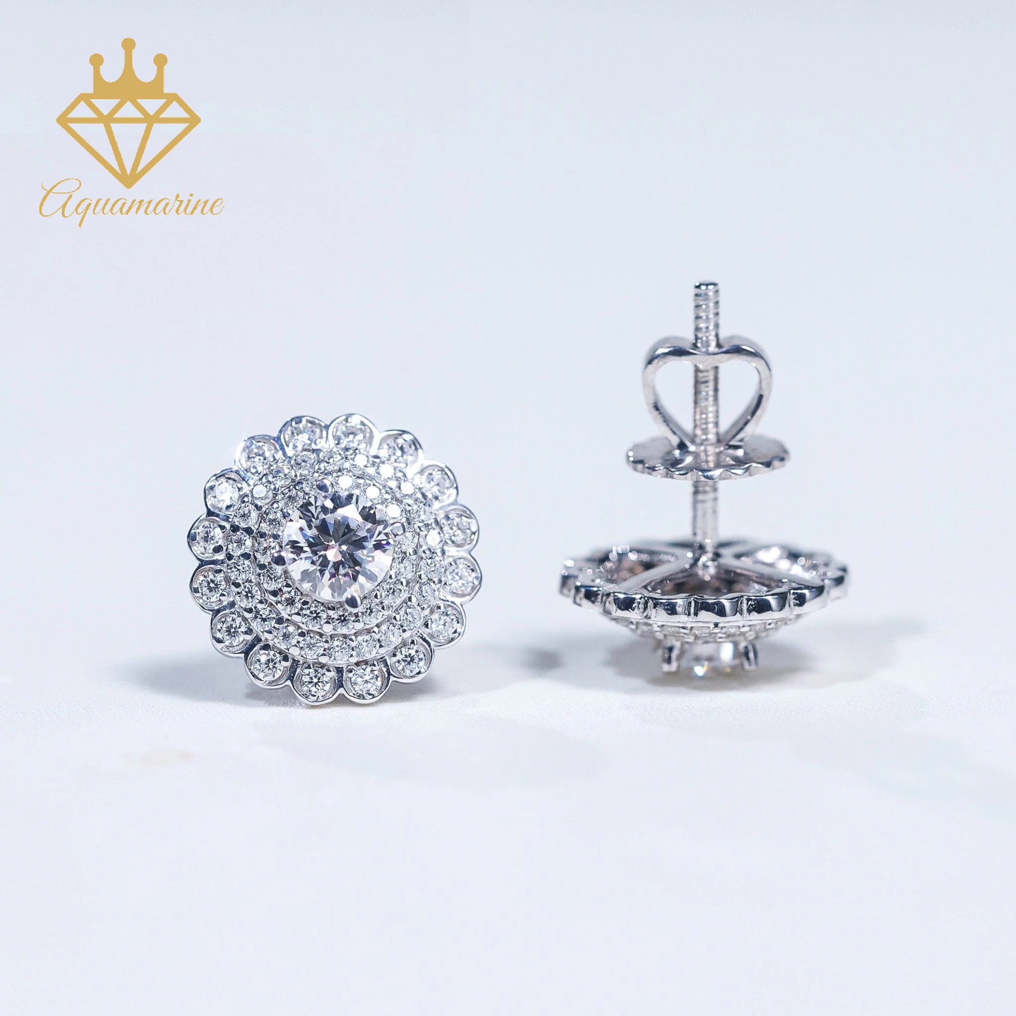 Bông tai bông hoa kim cương nhân tạo Moissanite kiểm định GRA bạc xi bạch kim SEE078