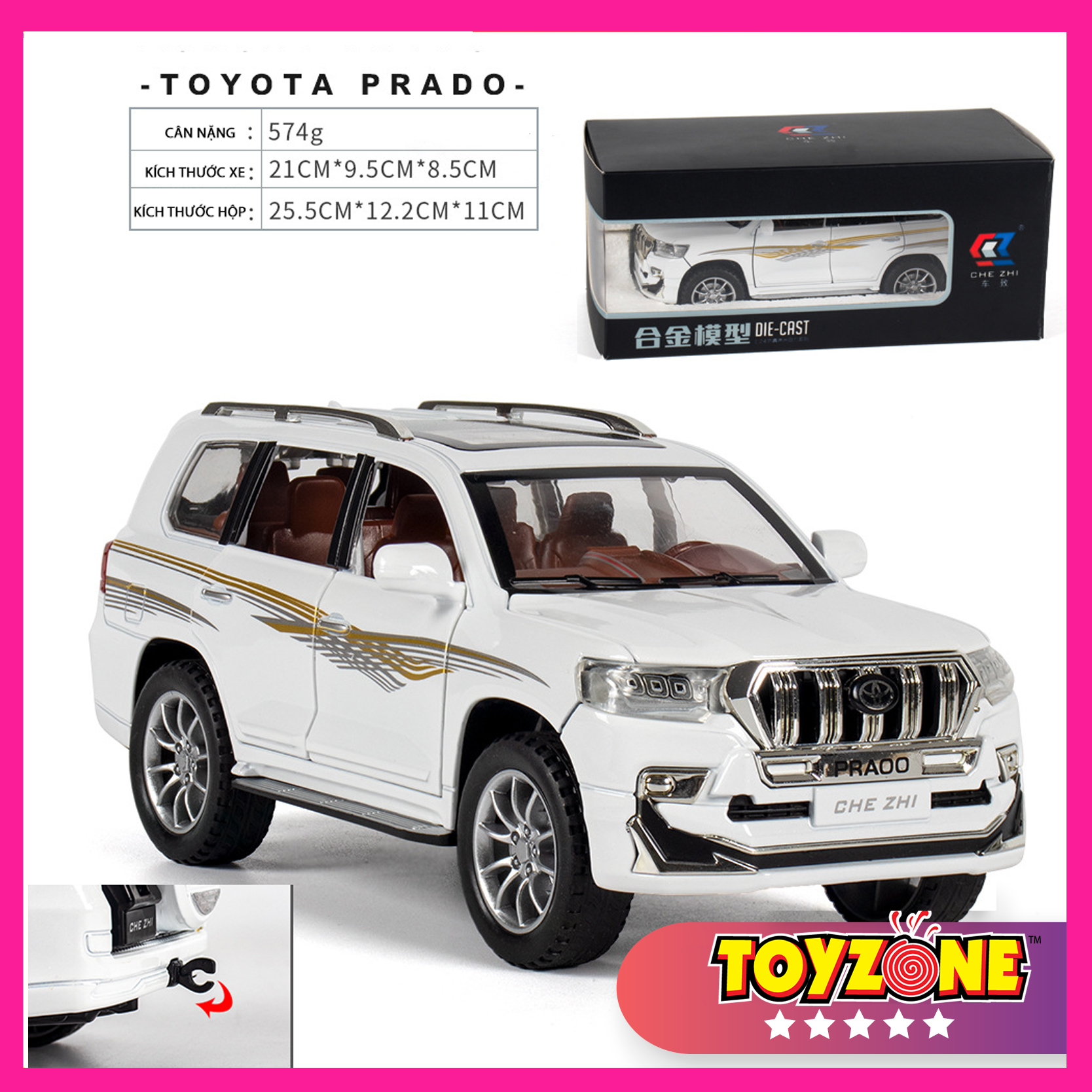 Xe mô hình Toyota Land Cruiser Prado 1:24 hãng Chezhi chất liệu hợp kim có đèn và âm thanh, dùng để trang trí nội thất hoặc làm quà tặng sinh nhật, noel