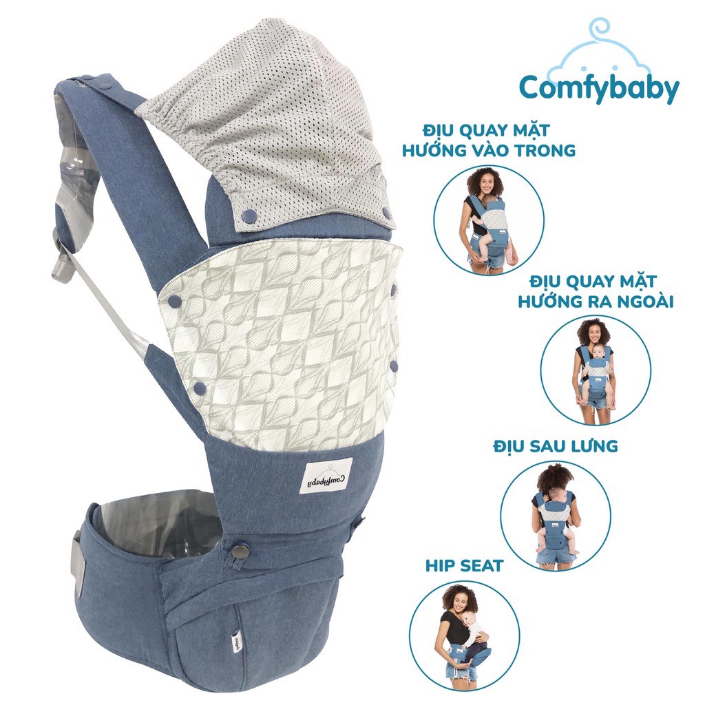 Địu em bé 4 tư thế  Comfybaby CF-HC003 - Địu trợ lực cho bé có Hipseat và mũ che nắng bảo hành chính hãng 12 tháng