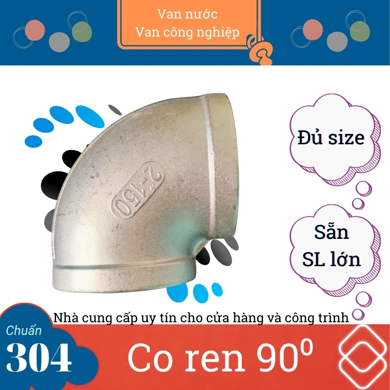 Co ren inox 304 phi 60, co (cút) góc 90⁰ nối ren trong bằng thép không gỉ đảm bảo độ bền cao