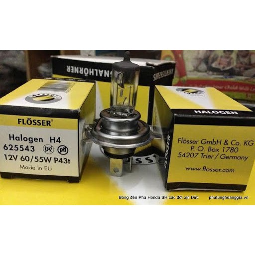 Bóng đèn pha h4 flosser 55w/60w đức cho sh spacy vespa attila mô tô, xe hơi (sản xuất châu âu, tăng sáng 90%, atila 12v