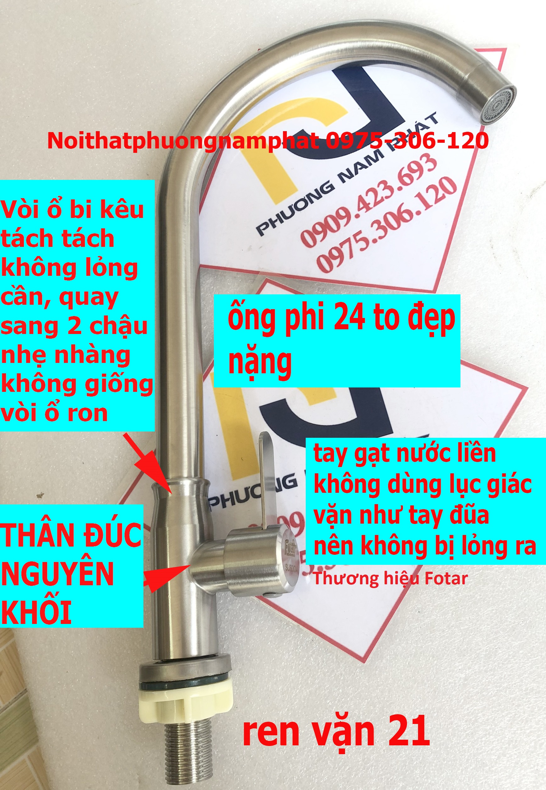 [CỔ BI BAO KHÔNG LỎNG CẦN] Vòi Rửa Chén Bát Lạnh Inox 304 quay 360 độ dùng cho 2 hộc chậu N5011 Fotar vòi ống phi 24 to đẹp cổ bi không bị lỏng cần khi quay trái quay phải, tay gạt nước bản dẹt dính liền không bị rớt ra