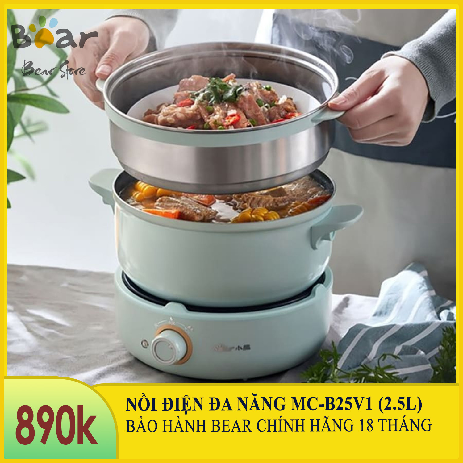 [Chính Hãng] Nồi nấu điện đa năng_Nồi Chiên Xào Hấp dung tích 2.5 lít Bear MC-B25V1 - Bản Quốc Tế - Bảo hành chính hãng 18 tháng