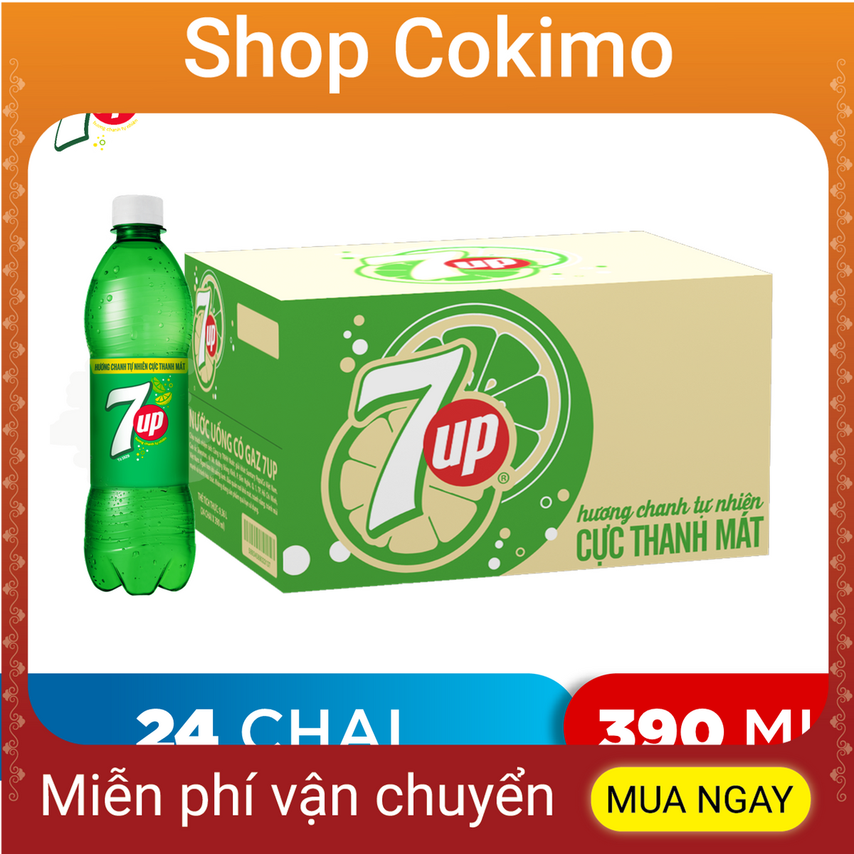 Thùng 24 Chai Nước Ngọt Có Gas 7Up (390ml / Chai) DTK1379983 - Shop Cokimo - 24 bottles of freshwater with gas 7up (390ml / bottle)