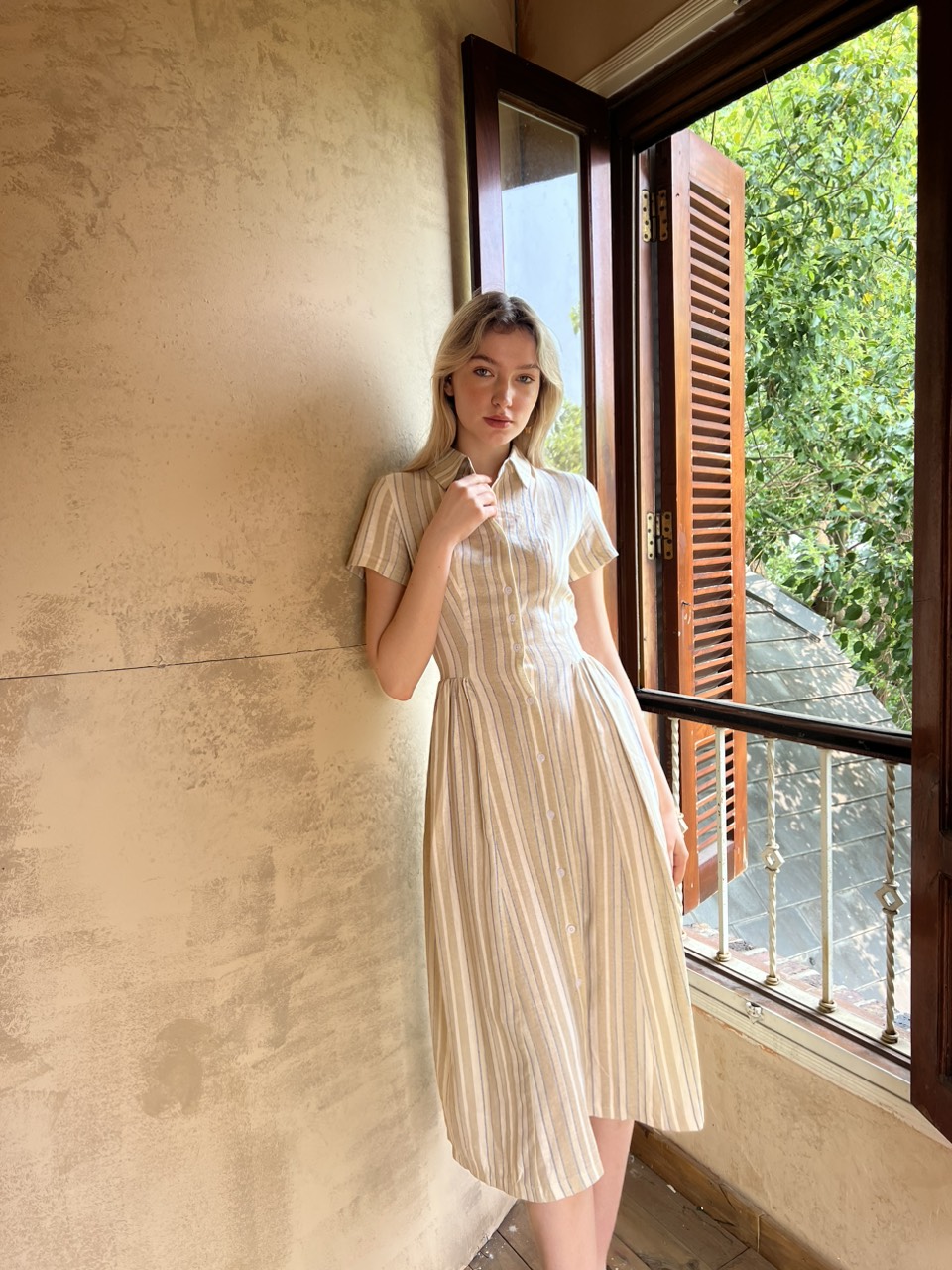 Tiffany studios - đầm kẻ sọc dáng dài cổ sơ mi - jenifer dress