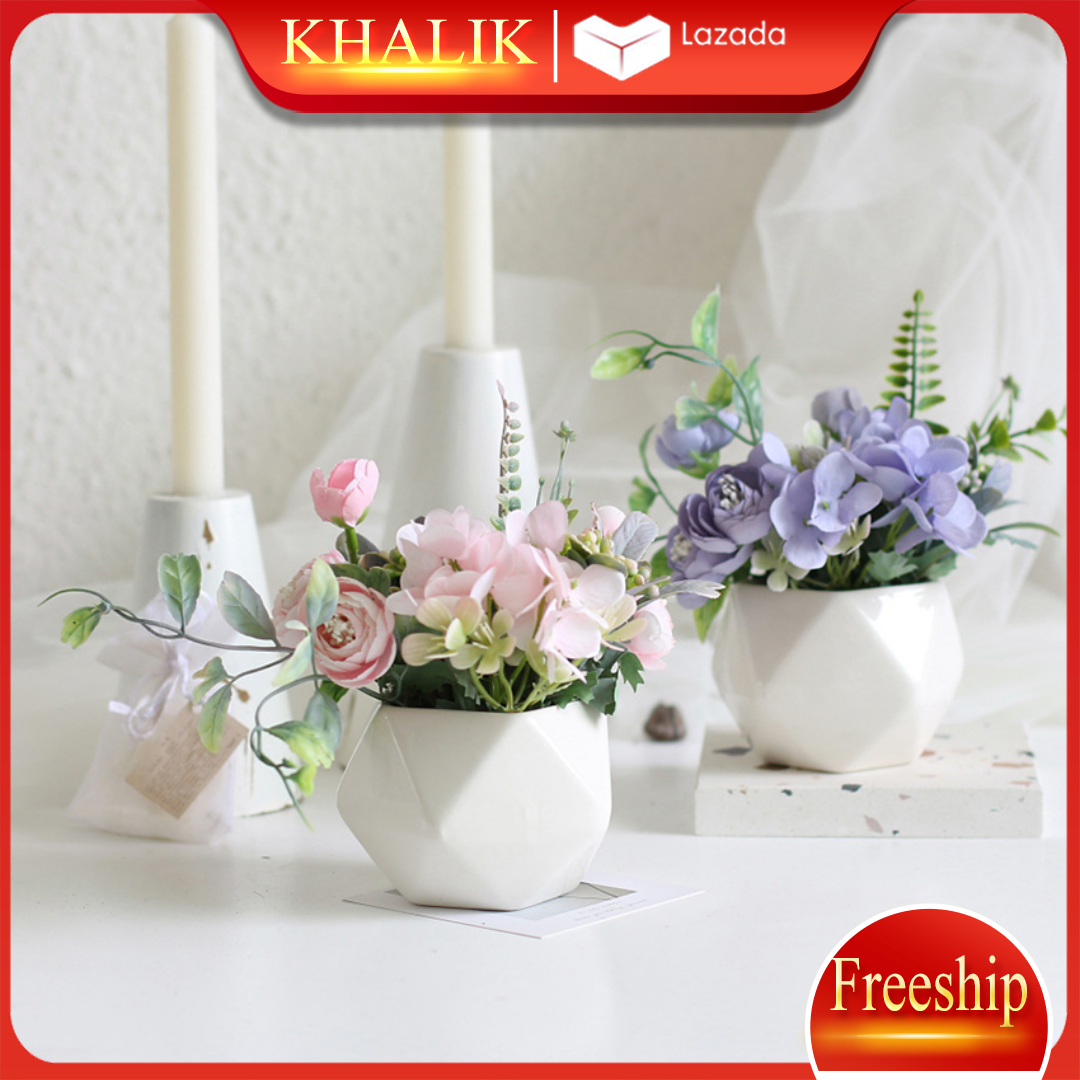 [FREESHIP] Hoa giả trang trí để bàn, chậu hoa giả hình lục lăng bằng sứ, hoa cẩm tú cầu KHALIK - HF003  (nhiều màu lựa chọn)