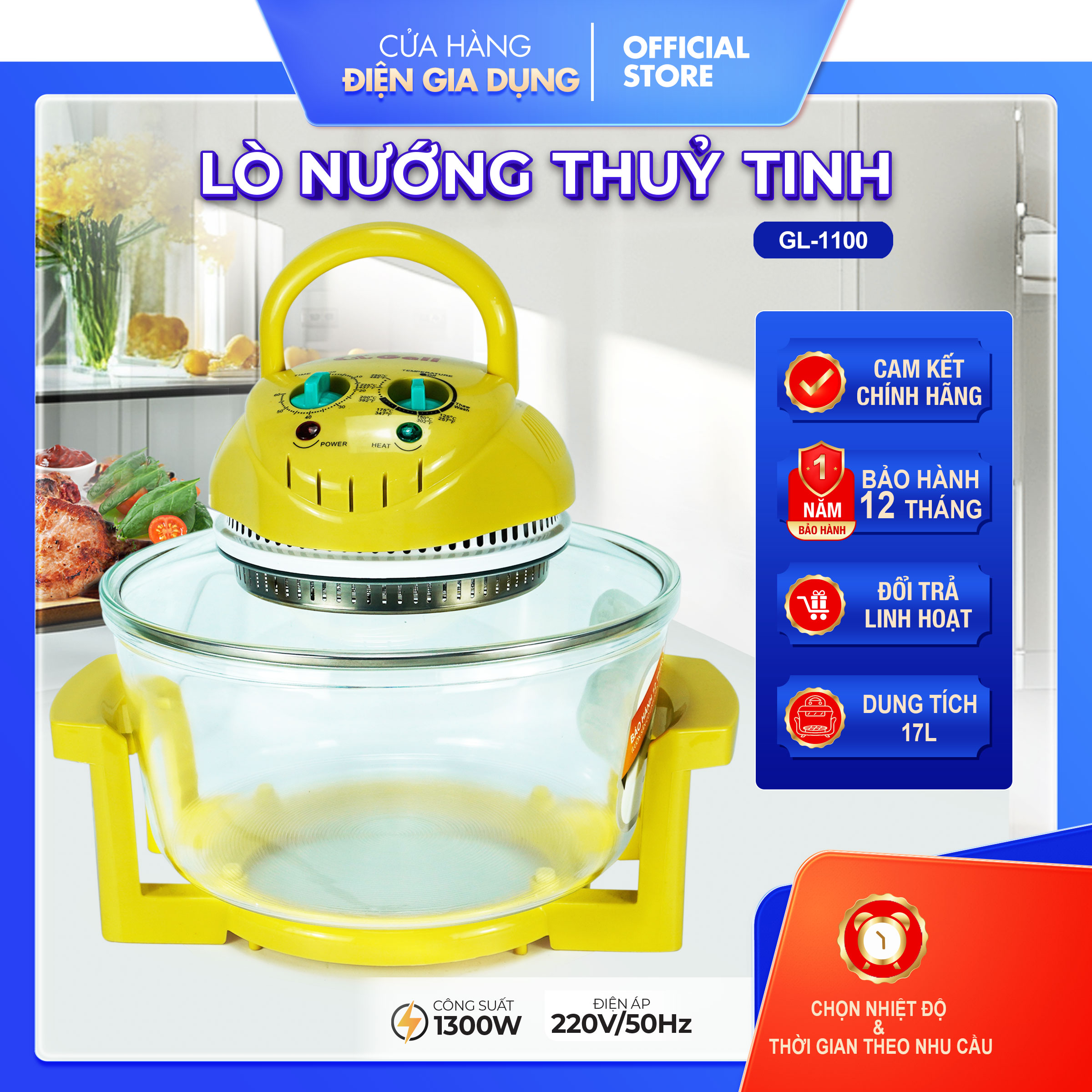 Nồi chiên không dầu, lò nướng thủy tinh Gali 17 lít 1300w, đạt chất lượng hàng nhập khẩu tem hợp quy CR, nướng chiên các loại thịt cá tôm cua, rau củ quả, xả đông bảo hành chính hãng 12 tháng, Tặng 8 phụ kiện Alate store