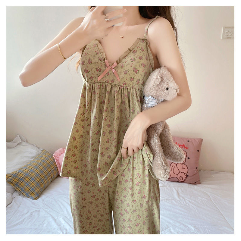 Bộ ngủ 2 dây quần dài cotton có lót đệm mút ngực họa tiết cute mặc nhà phong cách hàn quốc B2D02