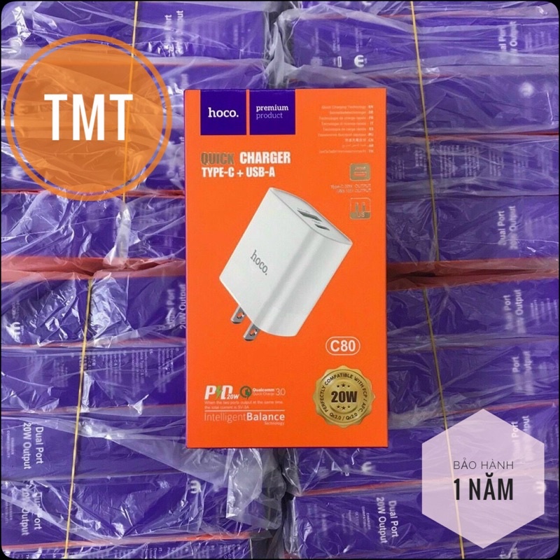 Cốc sạc nhanh / củ sạc nhanh hoco c80/c80a rapido qc3.0, pd20w 2 cổng sạc typec/usb - chính hãng