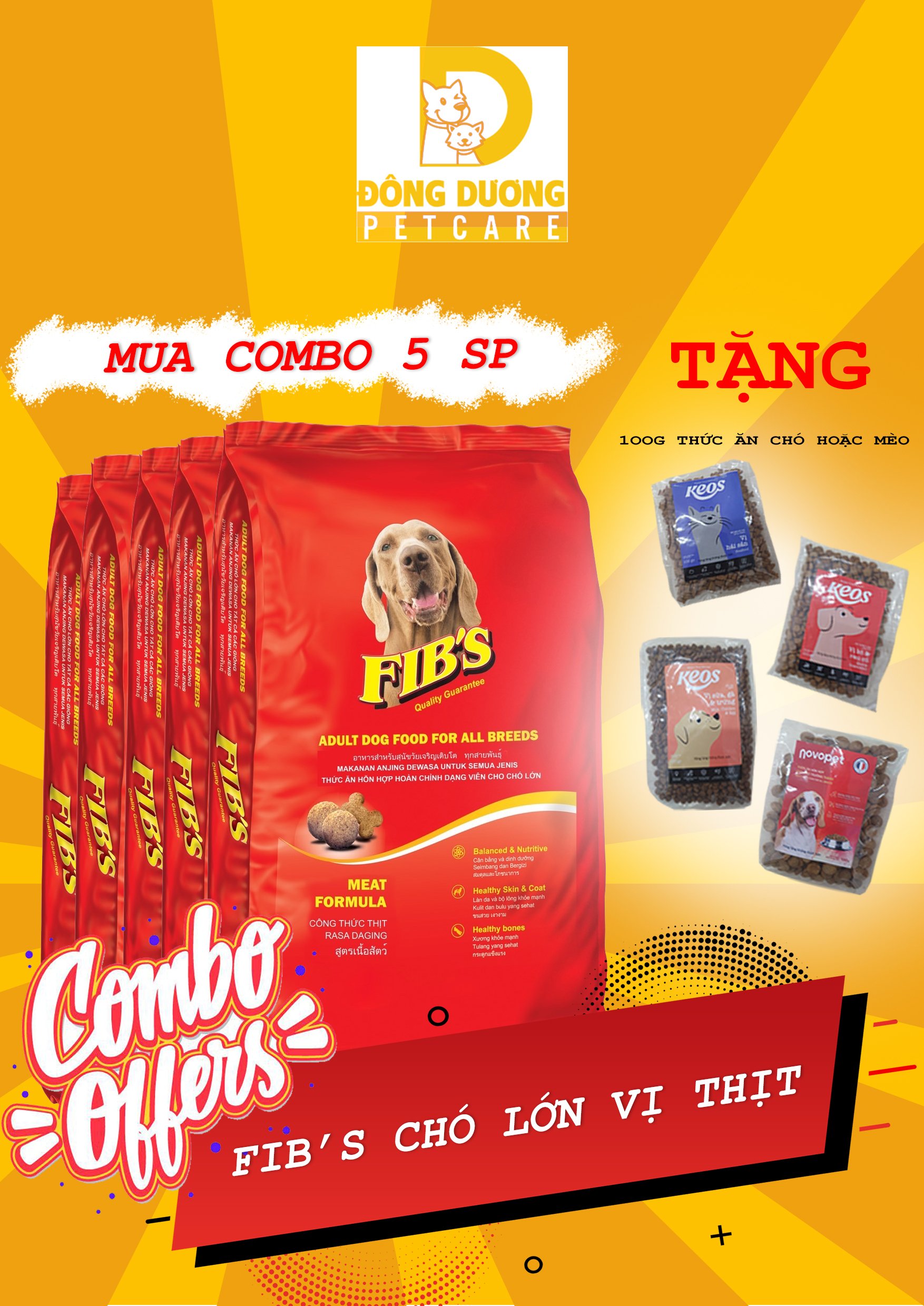 Combo 5 gói thức ăn hạt khô fib's cho chó lớn 400g