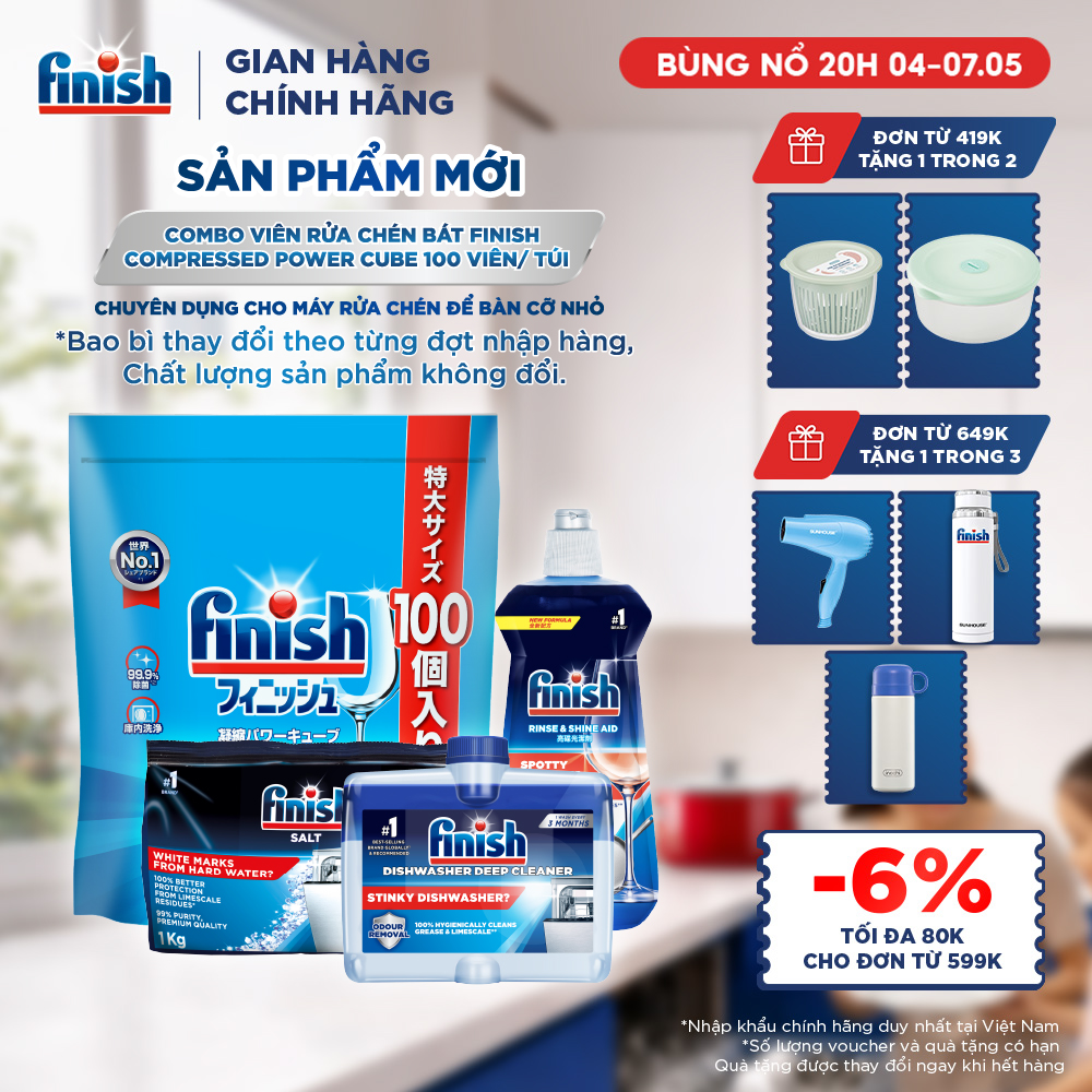 Combo Finish: Viên Rửa Chén Finish Nhật Bản Power Cube 100 Viên + Nước bóng + Dung dịch vệ sinh máy + Muối 1kg