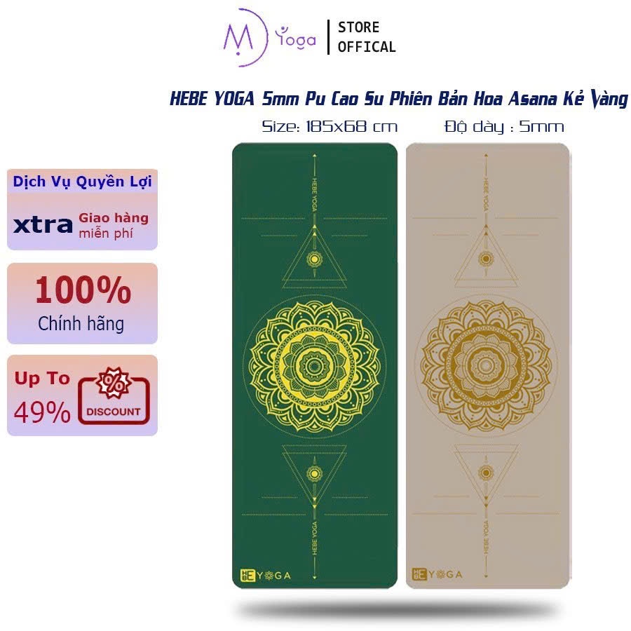 Thảm tập yoga gym định tuyến hebeyoga pu cao su 5mm hoa văn asana kẻ vàng cao cấp kèm túi