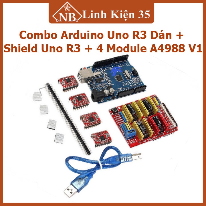 Combo arduino uno r3 dán + shield uno r3 + 4 module a4988 v1