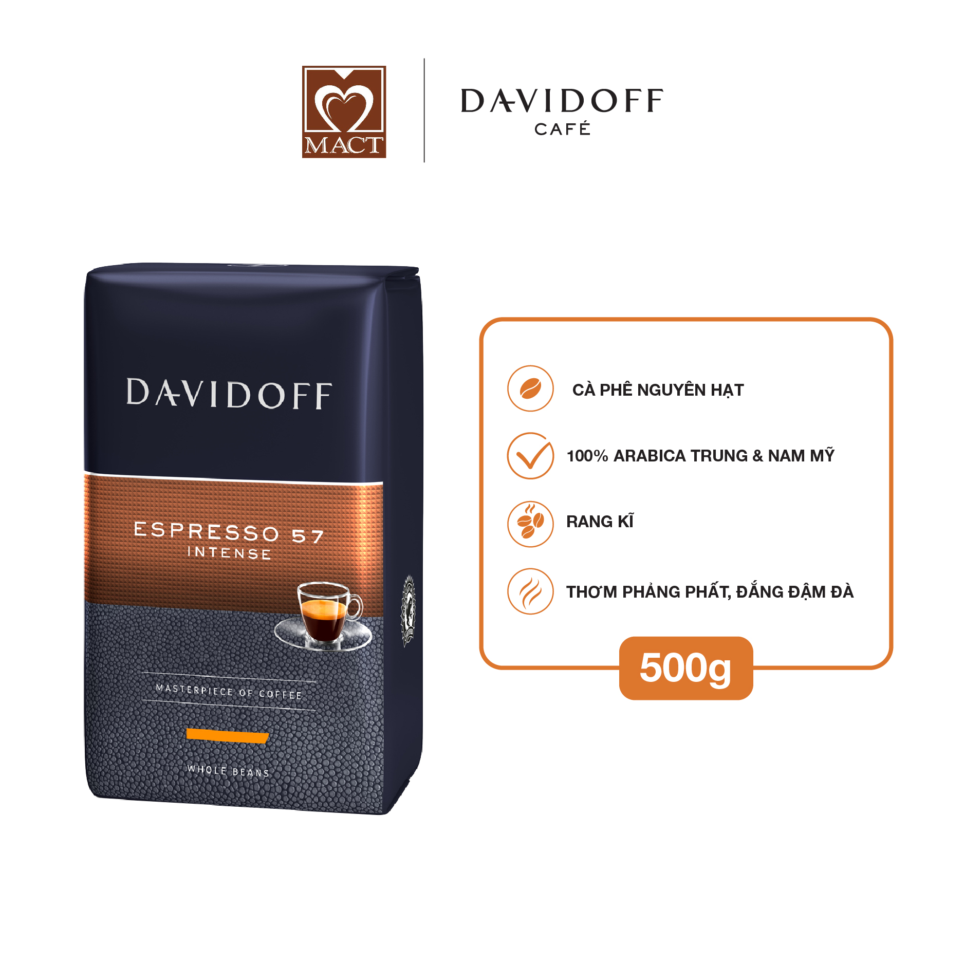 Cà phê nguyên hạt DAVIDOFF CAFÉ ESPRESSO 57 - 100% hạt Arabica - Thơm phảng phất, đắng đậm đà - túi 500g