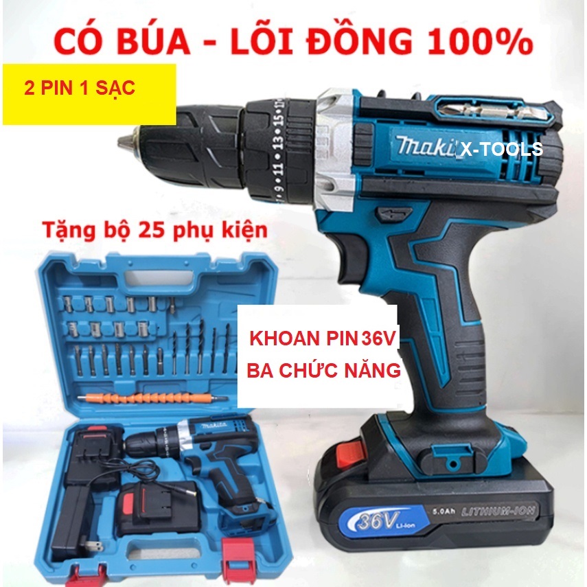 Bộ máy khoan pin ma.ki.ta 36v ba chế độ khoan búa khoan tường kim loại gỗ bắt vít bắn bulong tặng kèm vali 24 phụ kiện mũi khoan vít tiện dụng