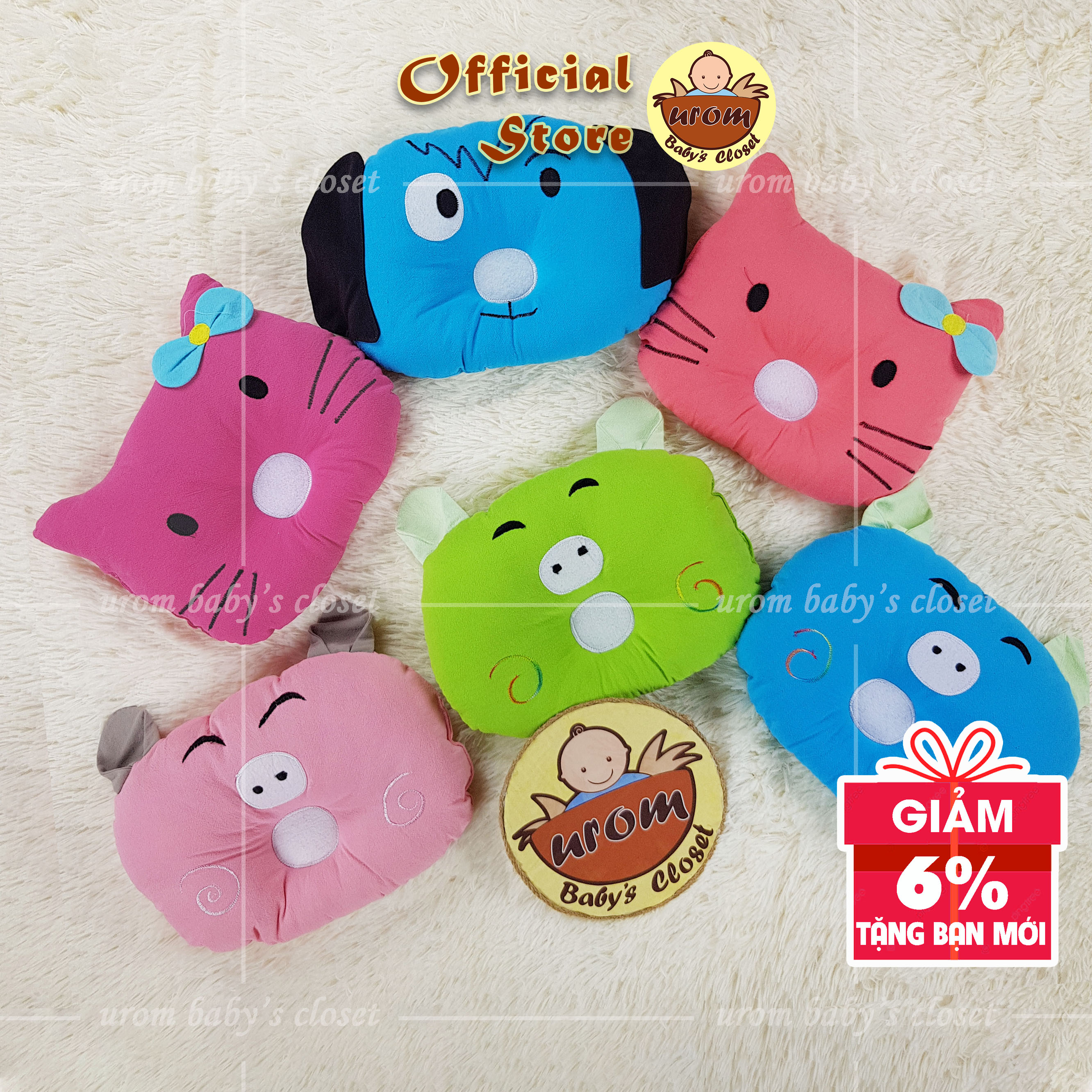 Gối nằm lõm cho bé sơ sinh hình thú cưng Cotton Cara ruột gối bông gòn Microfiber_Urom baby