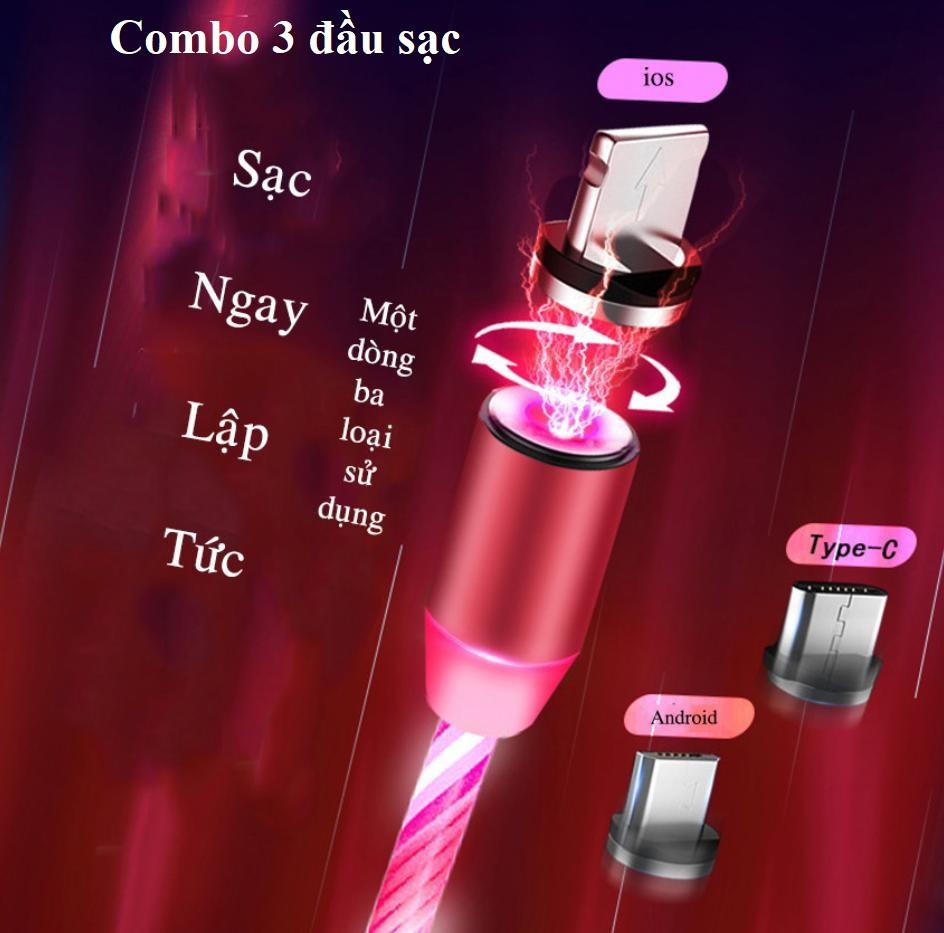 Dây sạc nam châm tròn từ hít 360 độ Androi, cáp sạc iphone, cáp sạc đèn LED đầu từ tính hít nam châm 360 cổng tròn dây phát sáng LED, dây cáp bọc lớp nhựa siêu bền dành cho điện thoại Samsung,Iphone